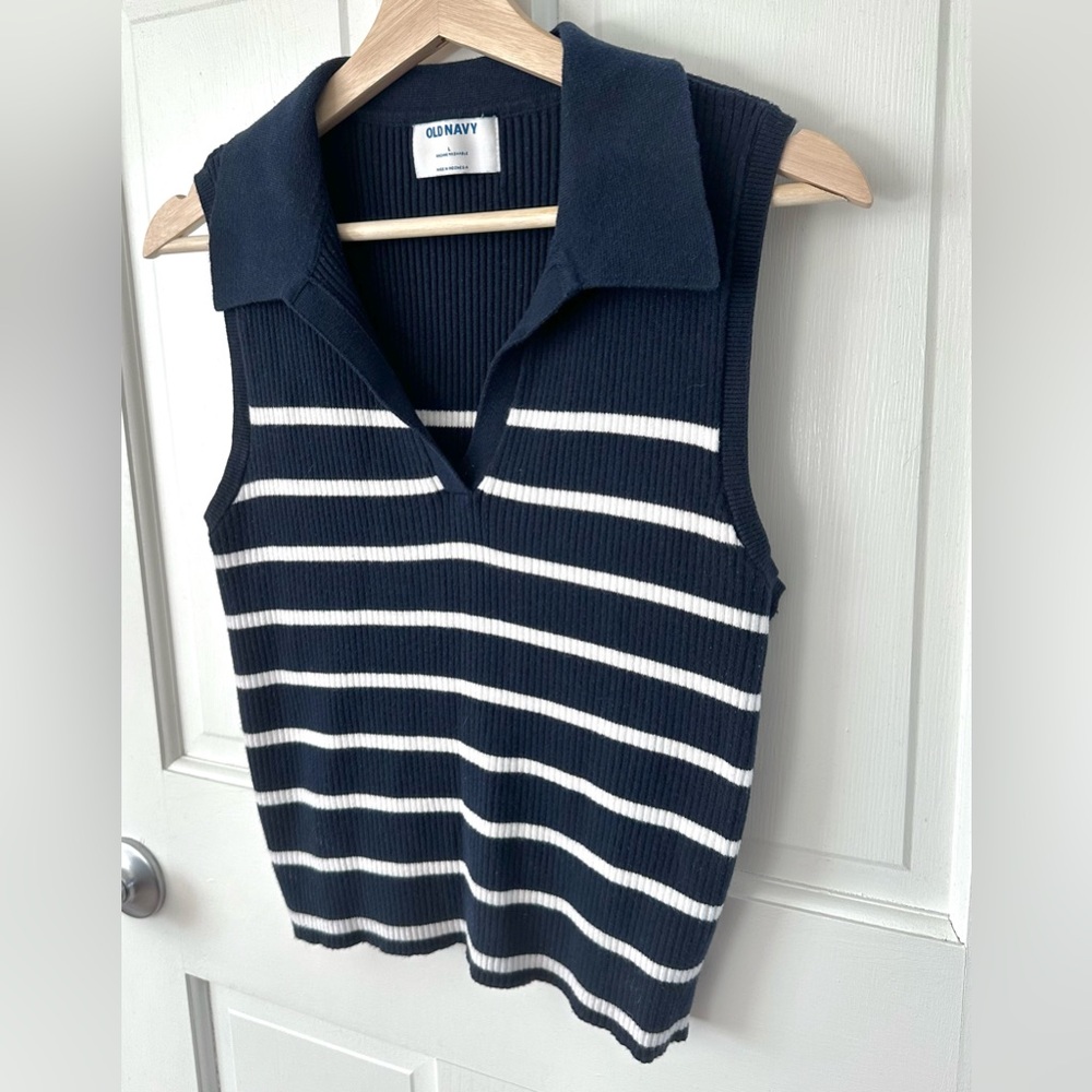 Old Navy Sleeveless Rib-Knit Striped Cropped Polo Collared Top Navy White Size L - Picture 4 of 12